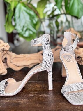Vince Camuto Snake-Print Ankle Strap High Heels in Gray and White